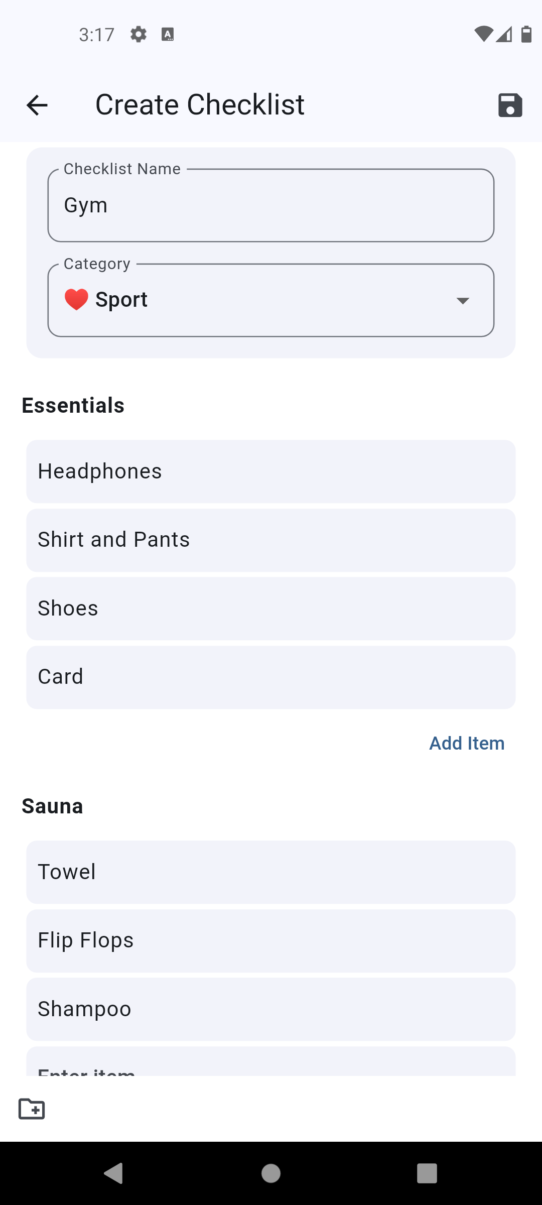 FocusList Screen: Create Checklist